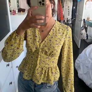 Lust and wander floral long sleeve top. Yellow and purple